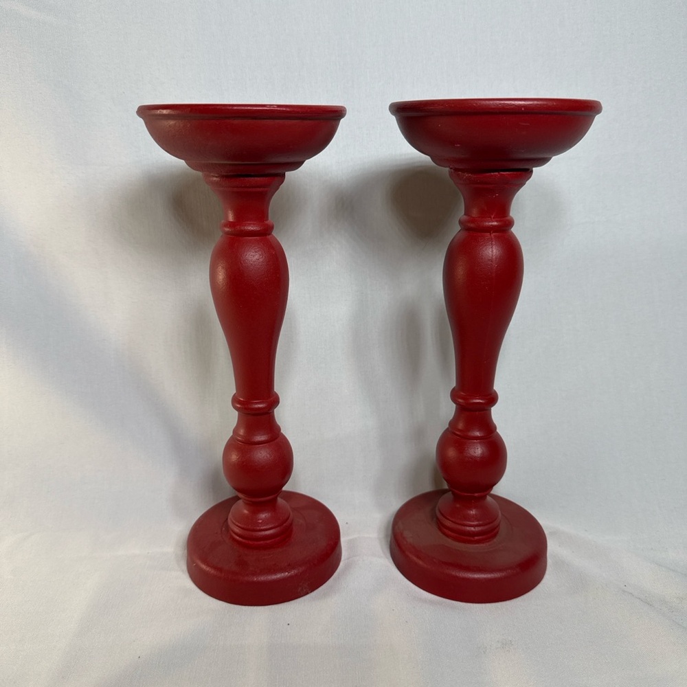 Red Wooden Candle Holders – Pair | 10.75” Tall Home Decor